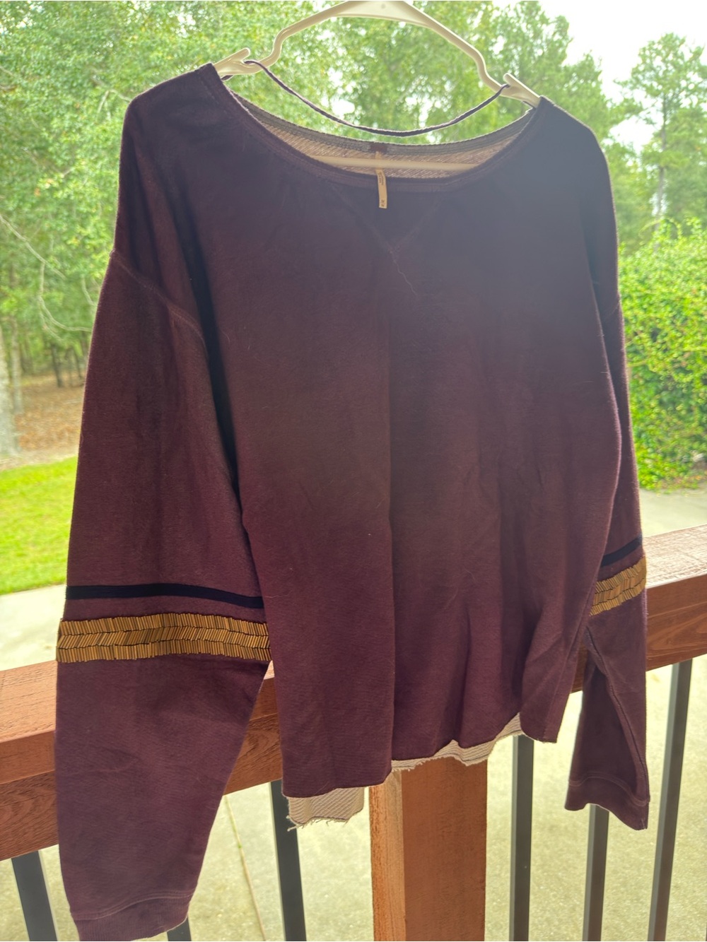 Free People Maroon Pullover Sweatshirt with Gold & Black Sleeve Accents